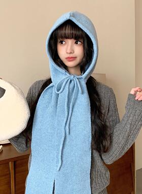 蓝色巴拉克拉法帽女款冬季大头围护耳保暖毛线帽针织帽子围巾一体