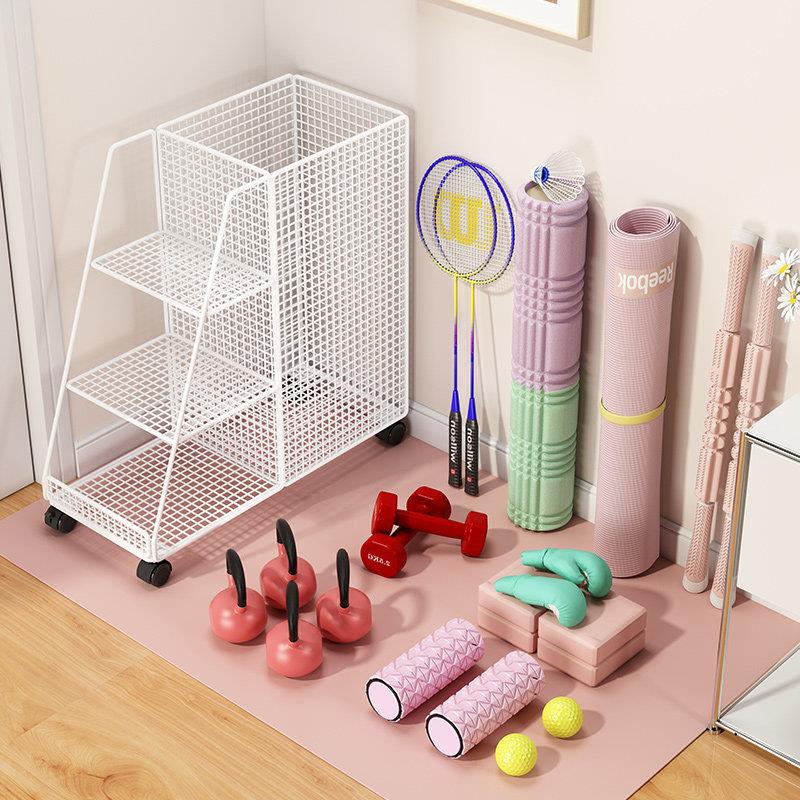 Yoga mat storage basket, sports and fitness equipment storage rack, iron trolley storage rack, badminton wheeled home