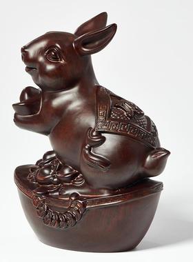 黑檀木雕兔子摆件实木三合十二生肖动物家居客厅装饰红木工艺礼品