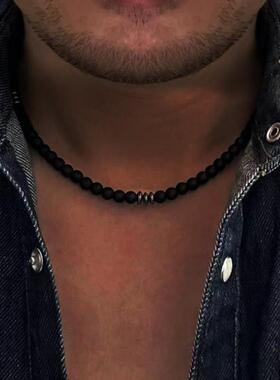 时尚简单的黑色哑光石珠项炼男士夏天