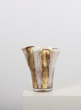 中古轻奢设计金色肌理皱褶大口径花瓶设计师手工琉璃玻璃花器摆件