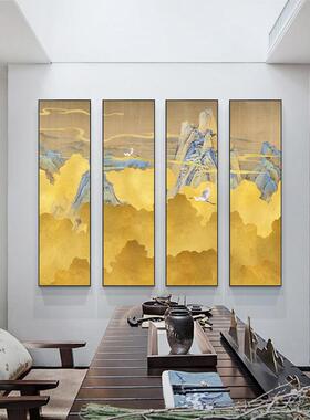 中式竖版装饰画抽象黄色意境风景画酒店大堂四联画茶室瑞鹤图挂画