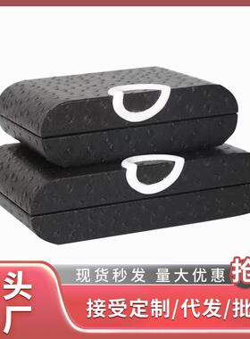 收纳盒简约鸵鸟皮质灰色黑扣首饰盒样板间卧室衣帽间梳妆台摆件