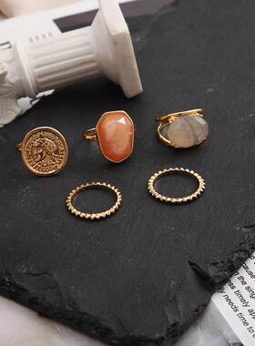 Joint ring set 5-piece Vintage relief portrait ring戒指5件套