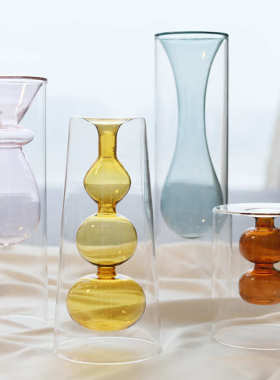 北欧ins现代简约彩色玻璃创意双层玻璃透明花瓶艺术个性花器