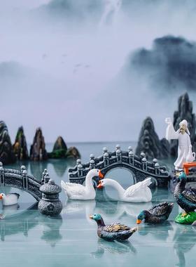 微景观仿真假山凉亭小桥天鹅摆件中式盆景茶桌树脂鸭子白鹅鸳鸯