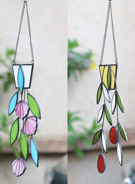 挂饰春天植物叶子吊饰彩色玻璃花盆叶子挂饰窗户玻璃艺术壁挂装饰