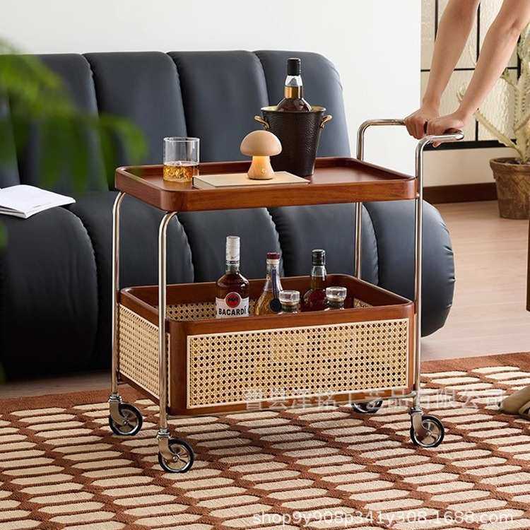 中古风实木小推车复古推餐车边几零食收纳置物架藤编置物架小推车,淘宝优惠券,粉丝福利购,淘宝优惠卷