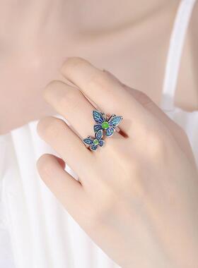 2026文艺范气质精美珐琅双蝴蝶戒指女复古民族风活口可调节时尚手