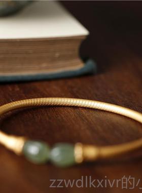新款小匠s95纯银手镯女和田碧玉古法金兰银花开口复古中2风镯国子