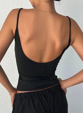 Women Backless Cami Crop Top Summer Solid Color Casual
