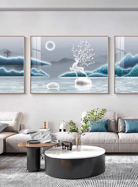 福鹿山水客厅装饰画轻奢高级感沙发背景墙抽象三联挂画高档壁画