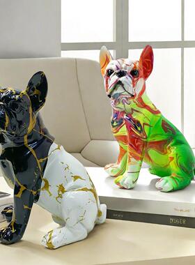 现代创意渐变歪头斗牛犬摆件家居装饰树脂工艺品乔迁之喜送礼