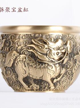 铜制作浮雕米缸铜缸福缸聚宝盆旧仿做古1911黄装饰品摆件