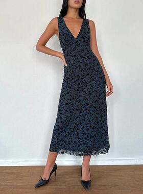Women's Floral Print Knit Deep V Neck A Line Dress Elegant