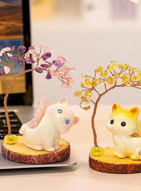 猫猫水晶发财树摆件黄紫水晶树家居客厅玄关装饰品文创礼品摇钱树