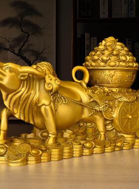 纯黄铜牛拉聚宝盆摆件金牛送财牛拉车生肖牛客厅办公室装饰工艺礼