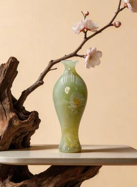 新中式青白色玉石花瓶摆件客厅插花装饰品玄关桌面花器