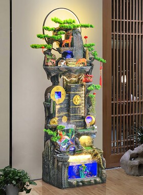新中式招财鱼缸循环流水摆件客厅电视柜旁装饰落地阳台假山风水轮