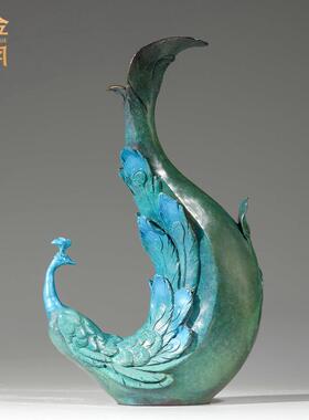 铜艺坊孔雀花瓶铜金属摆件古玩凤凰花瓶彩铜器装饰品客厅玄关摆件