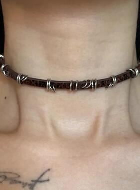 千禧辣妹裂纹皮质choker项圈女棕色亚文化朋克金属圆环锁骨链颈链