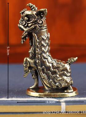 黄铜功夫舞狮战鼓复古中国风醒狮做旧迷你实心古玩把件桌面小摆件