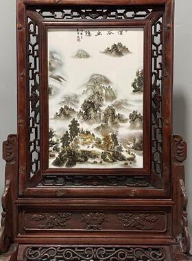 红木框景德镇陶瓷板画 画插屏坐屏台屏中式家居中堂古典装饰品摆
