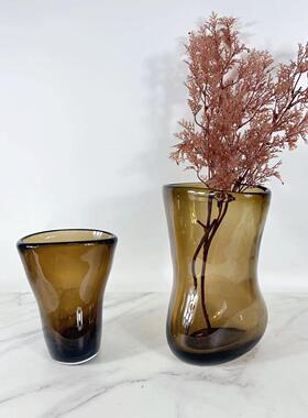 现代极简创意大口径透明咖色玻璃插仿真花瓶客厅桌面摆件软装饰品