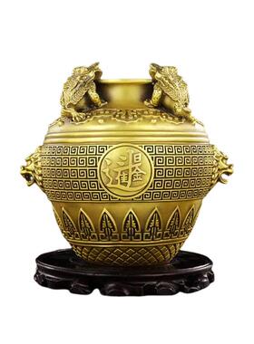 纯铜金蟾聚宝盆四方纳财坛子铜存钱罐客厅家居店铺开业工艺品摆件