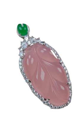 厂家批发925镀银镶嵌高冰绿玉髓树叶吊坠 粉玛瑙玉石金枝玉叶挂件