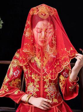 中式婚礼盖头秀禾服红盖头抖音网红纱盖头新娘头纱红色结婚透明纱