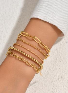 欧美跨境饰品简约组合套装6mm弹力绳串珠回形针手链百搭合金手链