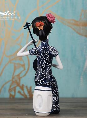 新中式国风青花旗袍仕女乐器人物摆件民宿客厅电视桌软装饰品树脂