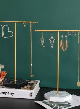 大理石纹木制底首饰架带洞T形耳环饰品架子柜台挂件首饰展示架