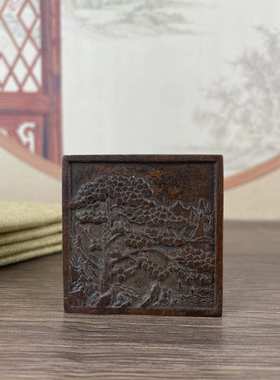 做旧铜迎客松四方墨盒摆件新中式家居书房办公室桌面文房四宝用品