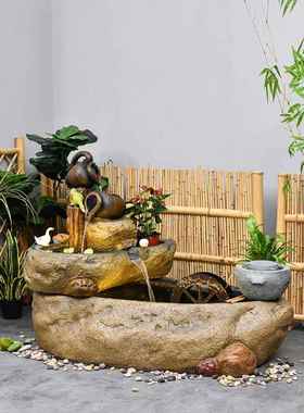 新中式户外假山流水喷泉庭院花园阳台景观水车轮招财鱼池造景摆件