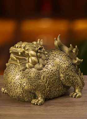大肚黄铜貔貅摆件一对公母大号纯铜皮丘貔犰客厅玄关装饰品送礼物