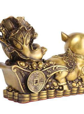纯铜金猪拉财摆件 十二生肖福猪送财铜白菜 居家金属工艺品