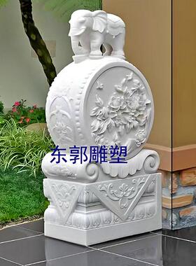 石雕汉白玉材质方形门墩抱鼓石一对中式家用别墅门口装饰雕塑摆件