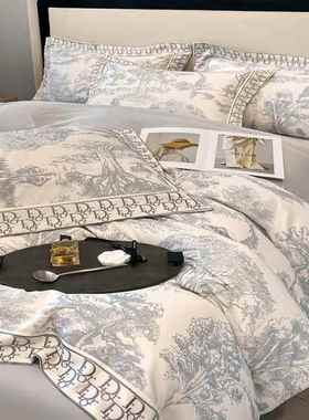 赫本风水墨印花四件套高级感被套床罩印花超柔床单床上用品