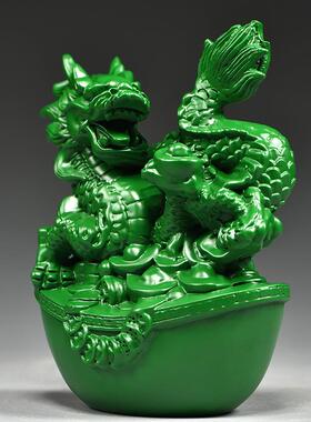 绿色实木质龙摆件十二生肖青色纯木头雕龙形工艺品客厅电视柜装饰