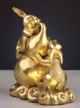 杨铜记铜兔子生肖兔家居办公室金属工艺品摆件 双兔送福