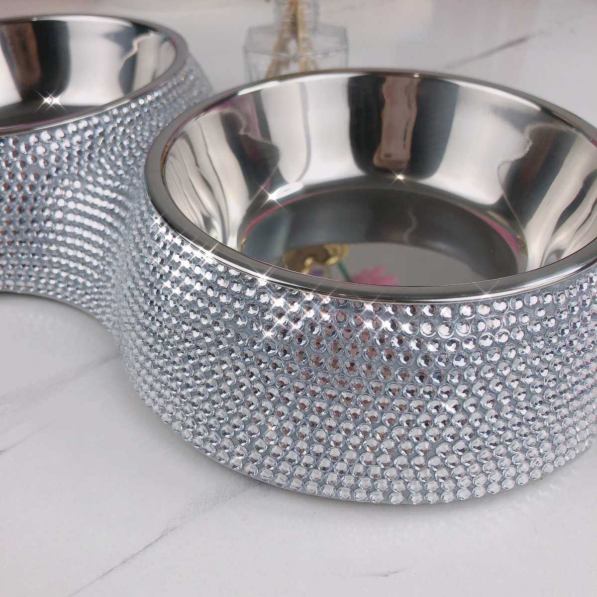 不锈钢折叠可拆卸双层宠物食盆镶钻宠物碗猫碗狗碗贴水钻白色双碗,淘宝优惠券,粉丝福利购,淘宝优惠卷