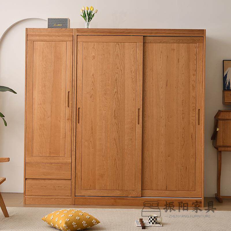 中子古樱桃实木风简约推拉LFS门木大衣柜日式单门原木卧室储物柜 - 图0