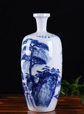 2020中式手绘陶瓷花青花瓶瓷山水地落摆件客厅插花器视电柜书房工