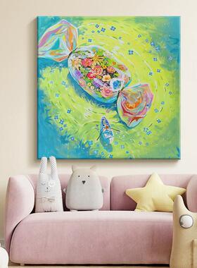 玄关抽象小众艺术装饰画客厅多巴胺色彩花卉手绘油画餐厅绿色挂画