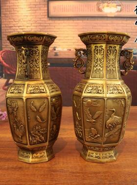 铜花瓶纯铜彷古供佛花瓶松鹤延年富贵大吉大展宏图连年有鱼一对