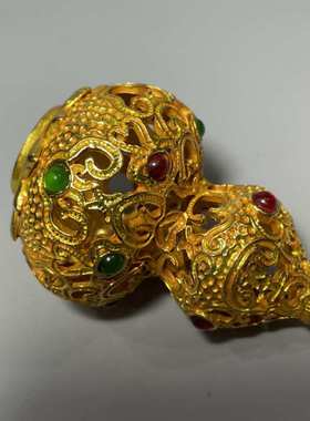 仿古镂空鎏金葫芦福禄把件鎏金古法铸造镶嵌宝石葫芦装饰桌面摆件