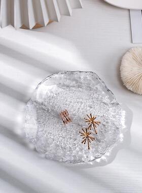 透明不规则异形玻璃盘子饰品拍照道具摆件ins水波纹收纳盘装饰