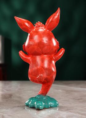 黄铜兔子摆件彩绘红色兔子可爱福兔客厅桌面装饰小兔子摆件工艺品